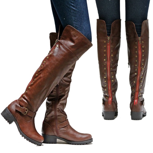 New Brown Studded Over the Knee Riding Boots - Picture 1 of 4